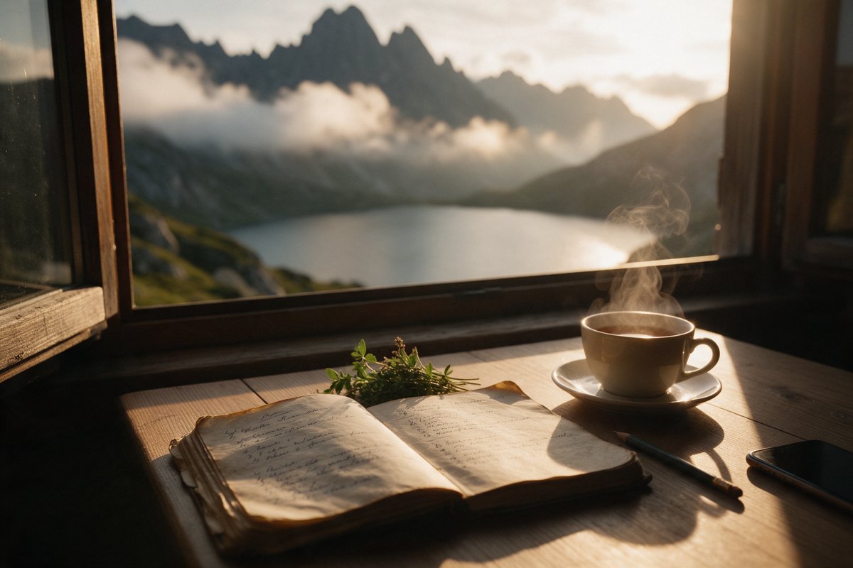 Aufgeschlagenes, handgeschriebenes Rezeptheft mit frischen Kräutern, Bleistift und dampfender Tasse Tee auf einem Holztisch am Hüttenfenster, draußen ein Bergsee mit Gipfeln im Morgenlicht