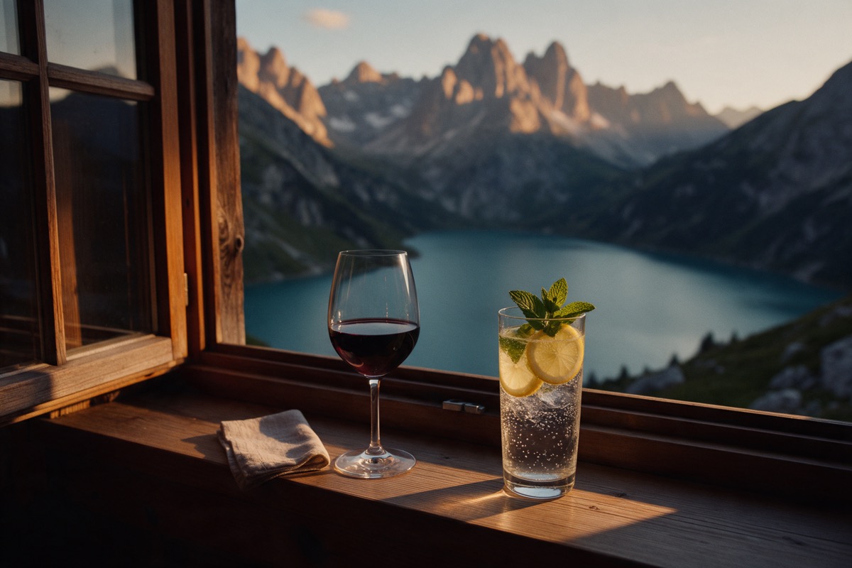 Rotweinglas neben einem Glas Wasser mit Zitrone auf der Fensterbank einer Berghütte