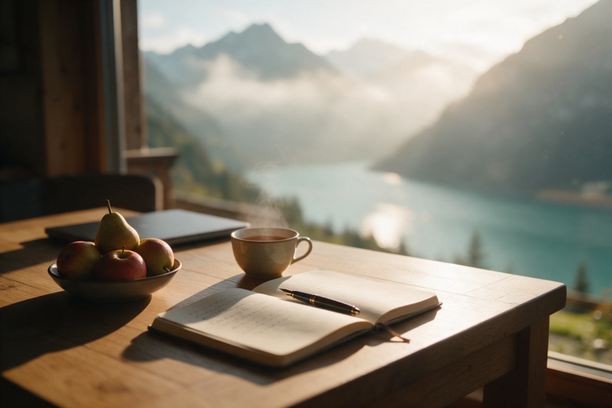 Schreibtisch am Fenster mit Notizbuch, Tee und Obst vor Bergblick