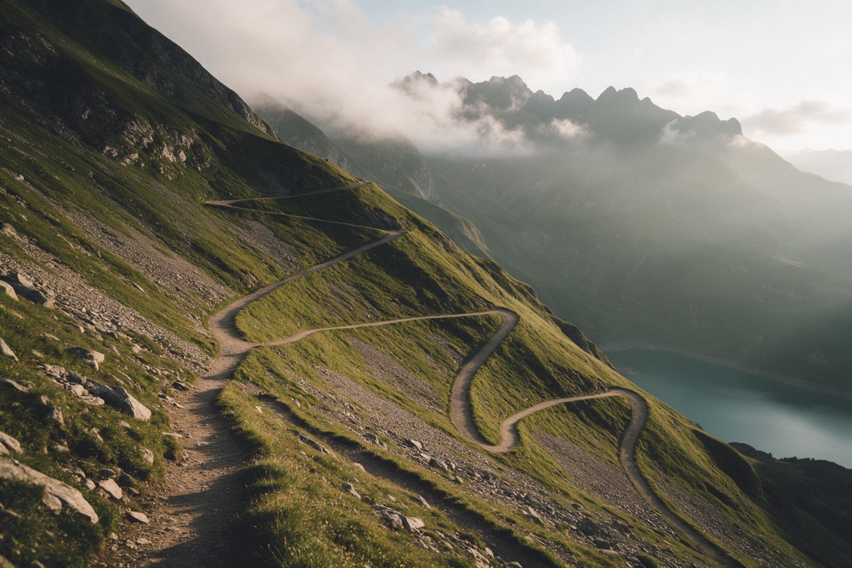 Wanderweg in Serpentinen über einen Berghang im Abendlicht