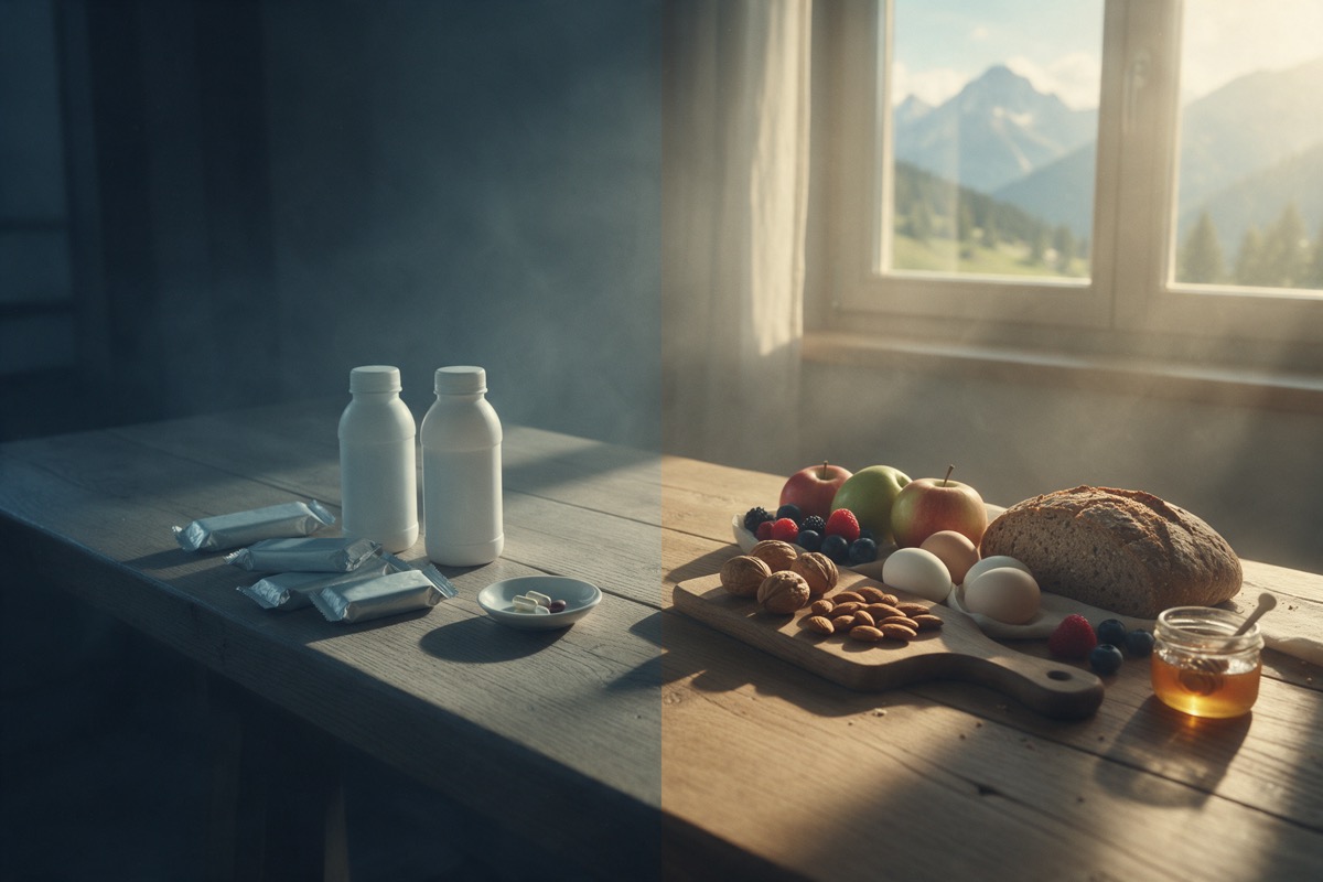 Tisch mit Shake-Flaschen im Schatten und frischen Lebensmitteln im Sonnenlicht