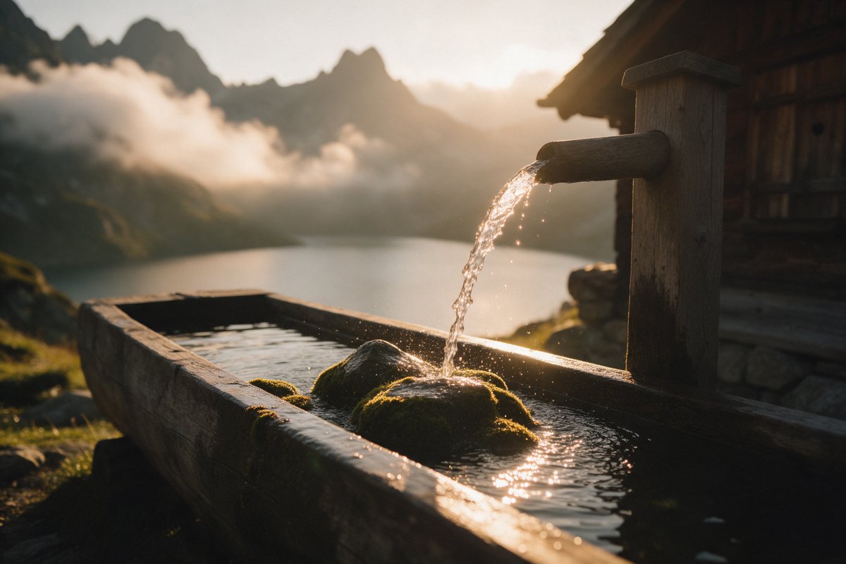 Klares Quellwasser fließt im goldenen Gegenlicht aus einer Holzrinne in einen alten Holztrog vor einer Berghütte, dahinter ein Bergsee mit Gipfeln und Wolken