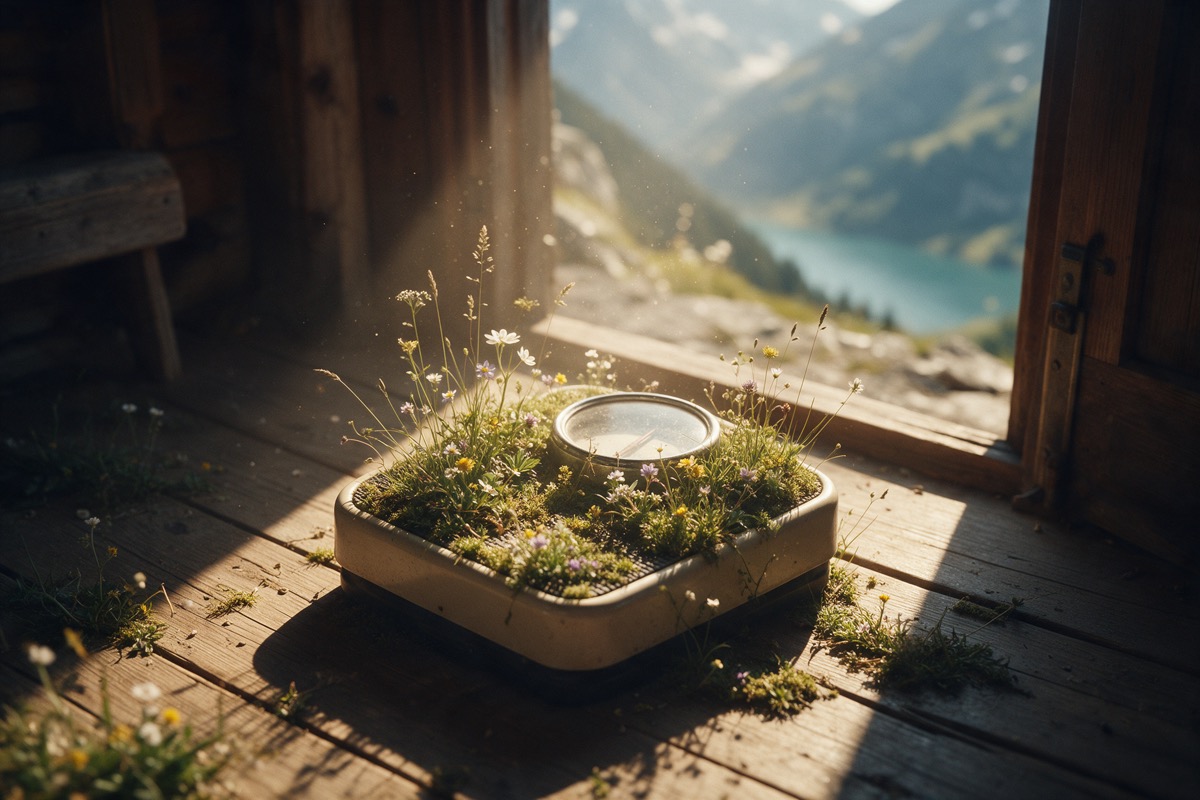 Alte Waage auf Holzdielen, von Alpenblumen überwachsen
