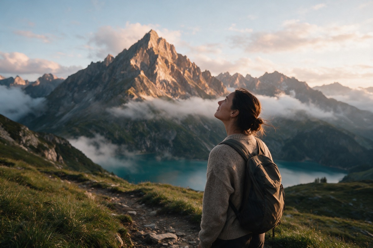 Frau auf einem Bergpfad blickt im Morgenlicht zum Gipfel hinauf